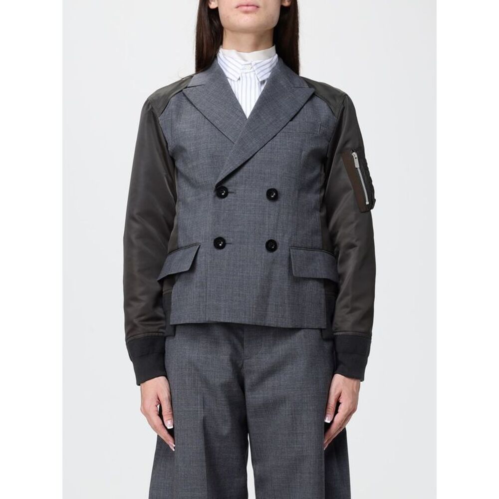 Sacai Women Sacai Slim Fit Double-Breasted Short Coat In Wool With Nylon Inserts